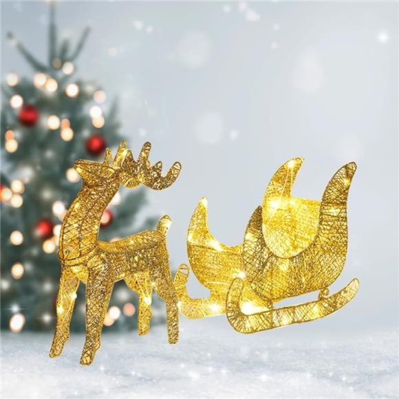 Lighted Christmas Reindeer& Sleigh, 60 LED Light-Up Glittered Deer, Gold - Picture 1 of 5